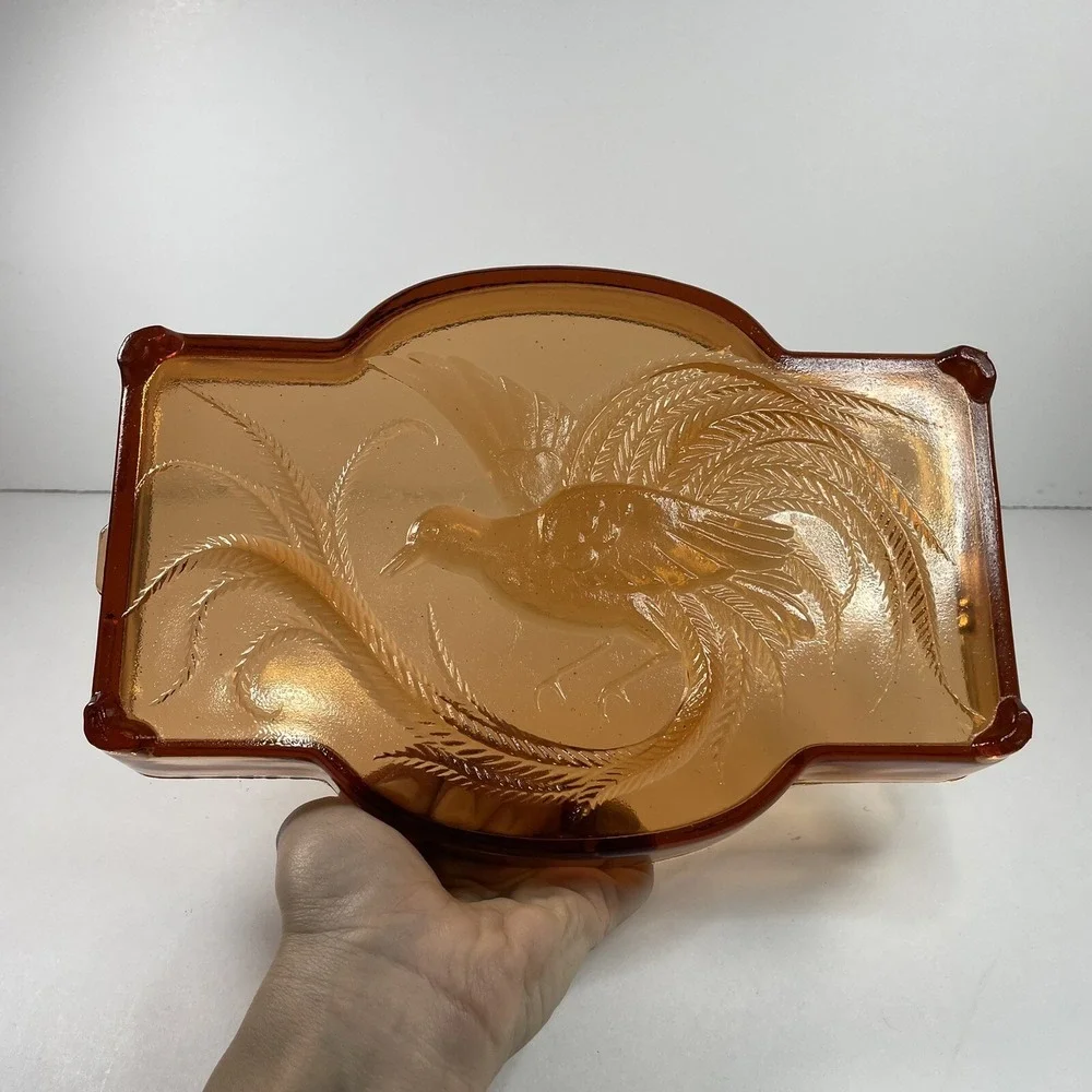 Vtg Indiana Glass Tiara-Empress-Bird Of Paradise Vanity Tray Catchall tray MCM